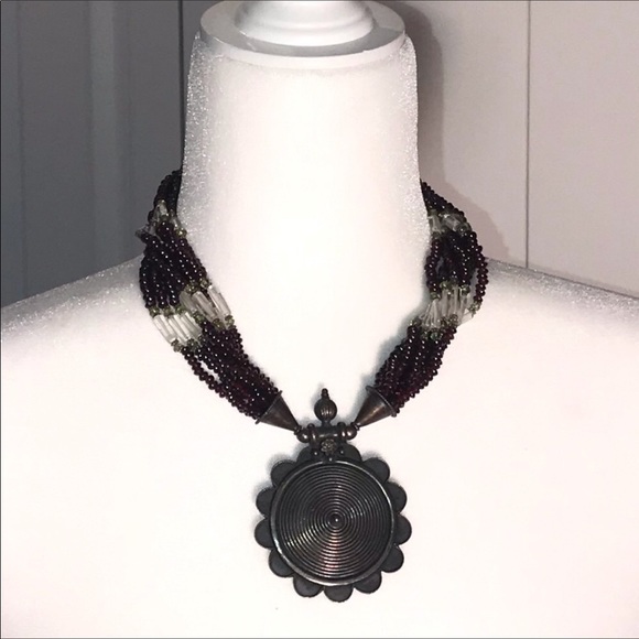 Wine, Green & Clear Glass Bead & Silver Necklace - Picture 1 of 4